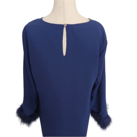 Feather Trim Blue Dress  Cece Office Siren Cocktail Party Glam Sz 4 - Picture 4 of 7